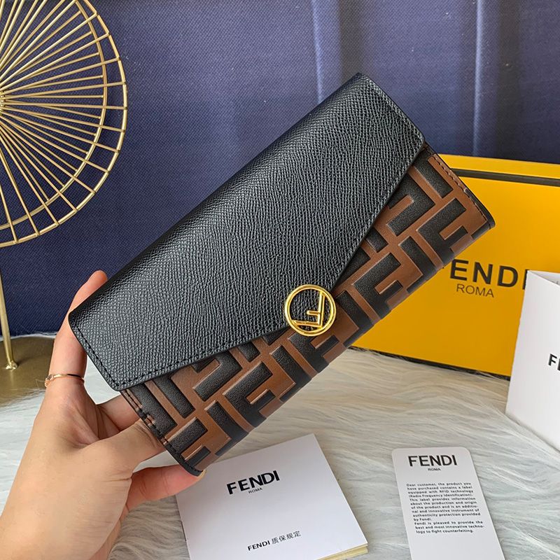 Affordable F is Fendi Continental Wallet In FF Motif Calf Leather Brown Black