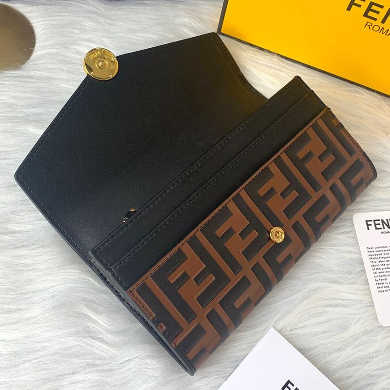 Affordable F is Fendi Continental Wallet In FF Motif Calf Leather Brown Black