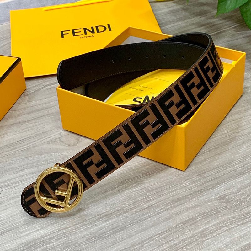 Affordable F is Fendi Buckle Reversible Belt In FF Motif Nappa Leather and Calfskin Brown Gold