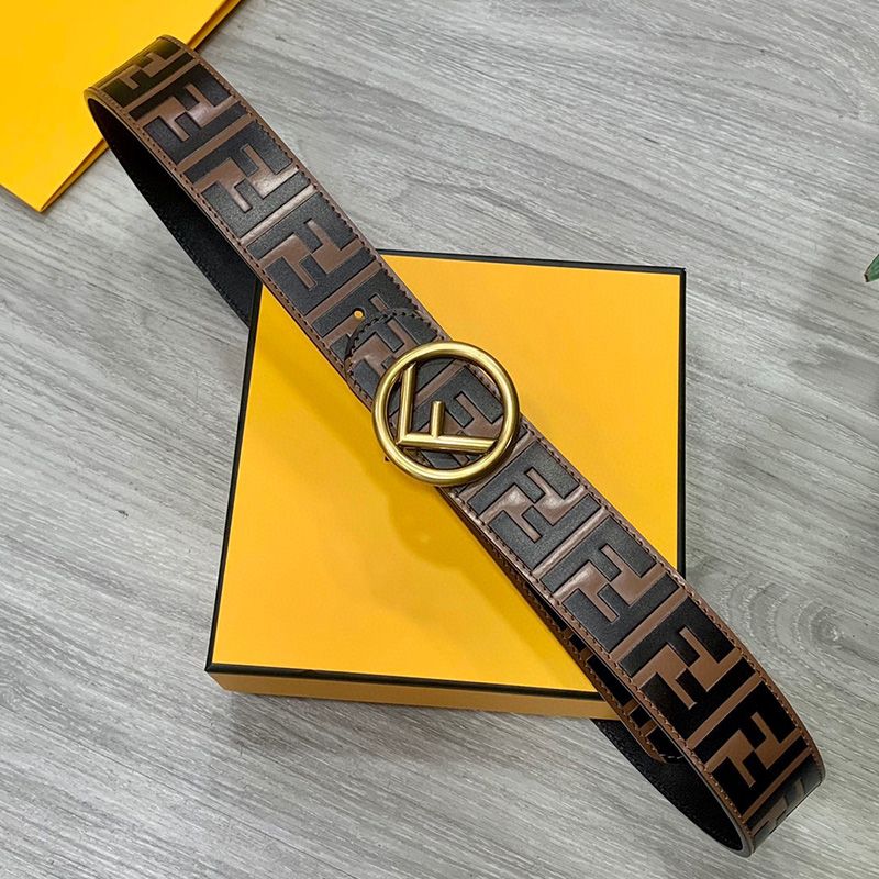 Affordable F is Fendi Buckle Reversible Belt In FF Motif Nappa Leather and Calfskin Brown Gold