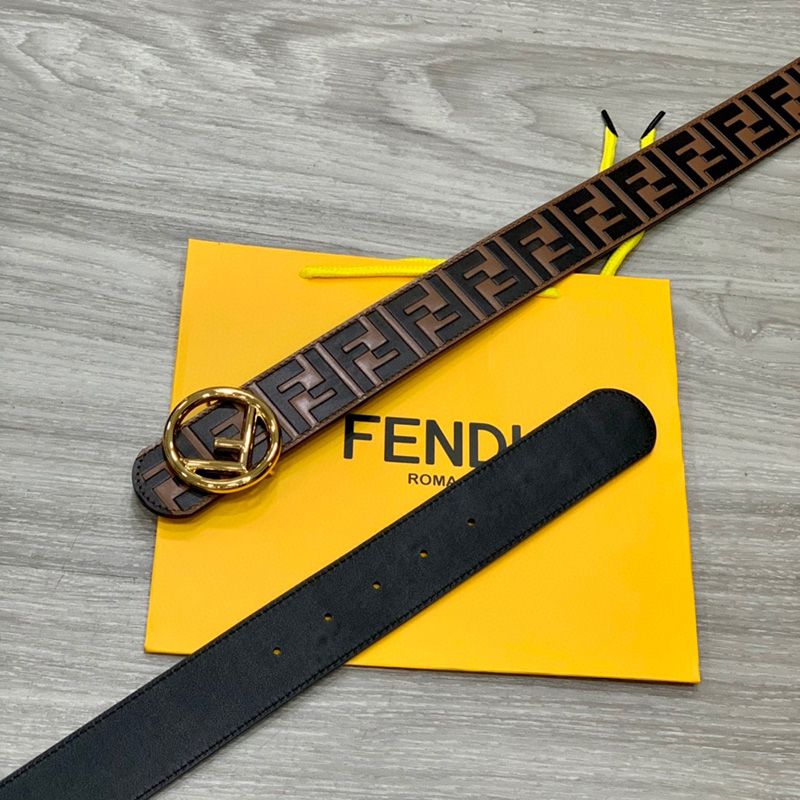 Affordable F is Fendi Buckle Reversible Belt In FF Motif Nappa Leather and Calfskin Brown Gold