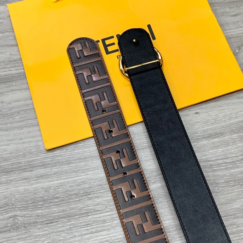 Affordable F is Fendi Buckle Reversible Belt In FF Motif Nappa Leather and Calfskin Brown Gold