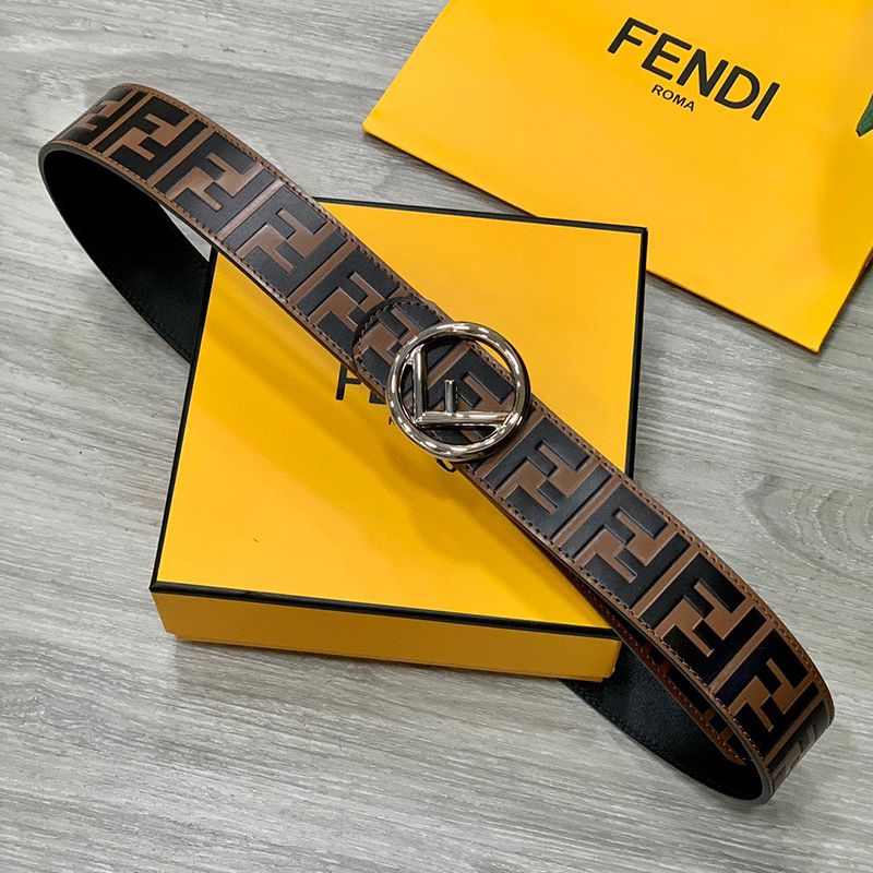 Affordable F is Fendi Buckle Reversible Belt In FF Motif Nappa Leather and Calfskin Brown Silver