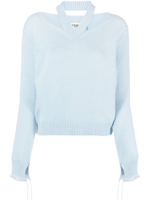 FENDI logo-embroidered cut-out fine-knit jumper