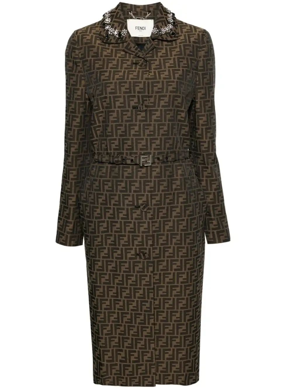 Cheap FENDI FF-patterned crystal-embellished long coat