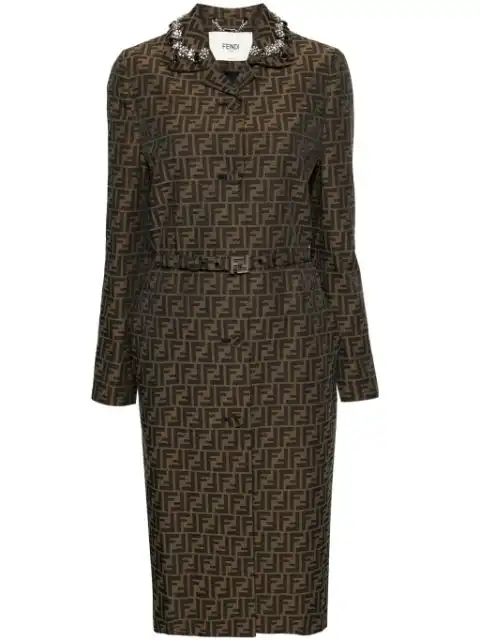 FENDI FF-patterned crystal-embellished long coat