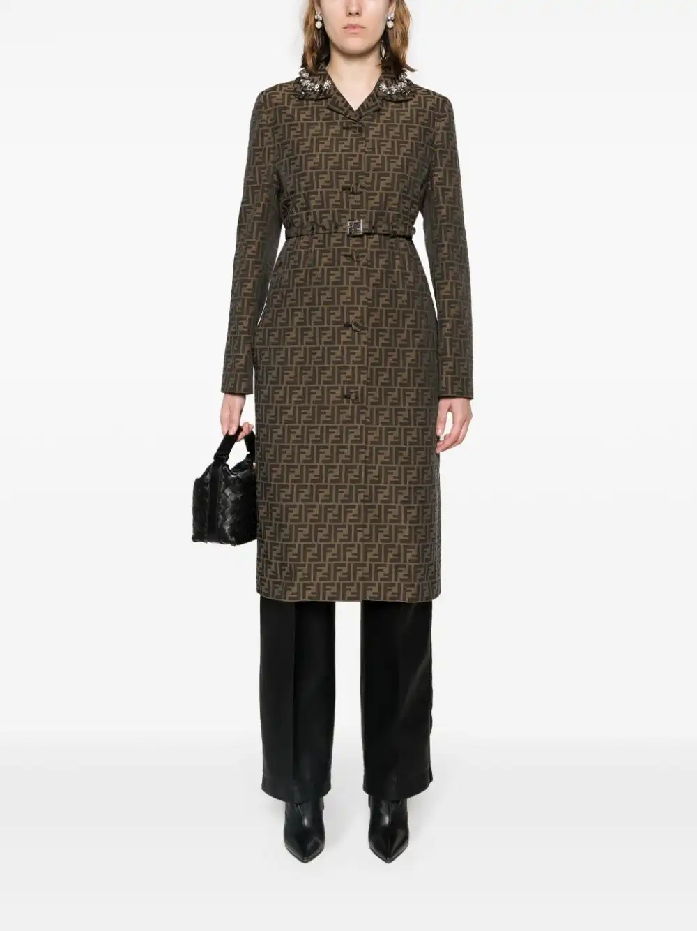 Cheap FENDI FF-patterned crystal-embellished long coat