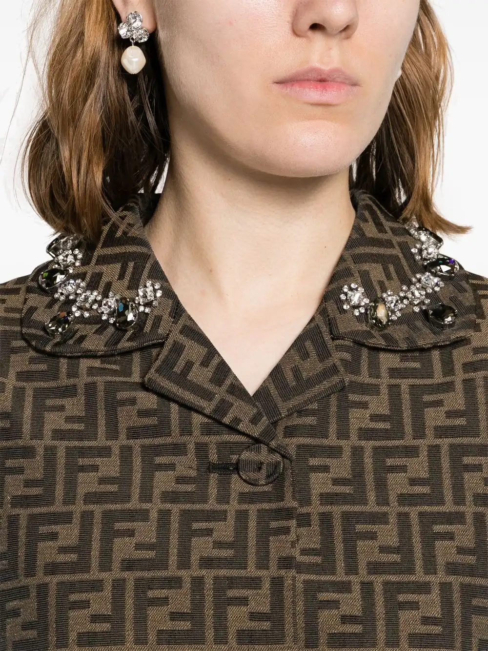 Cheap FENDI FF-patterned crystal-embellished long coat