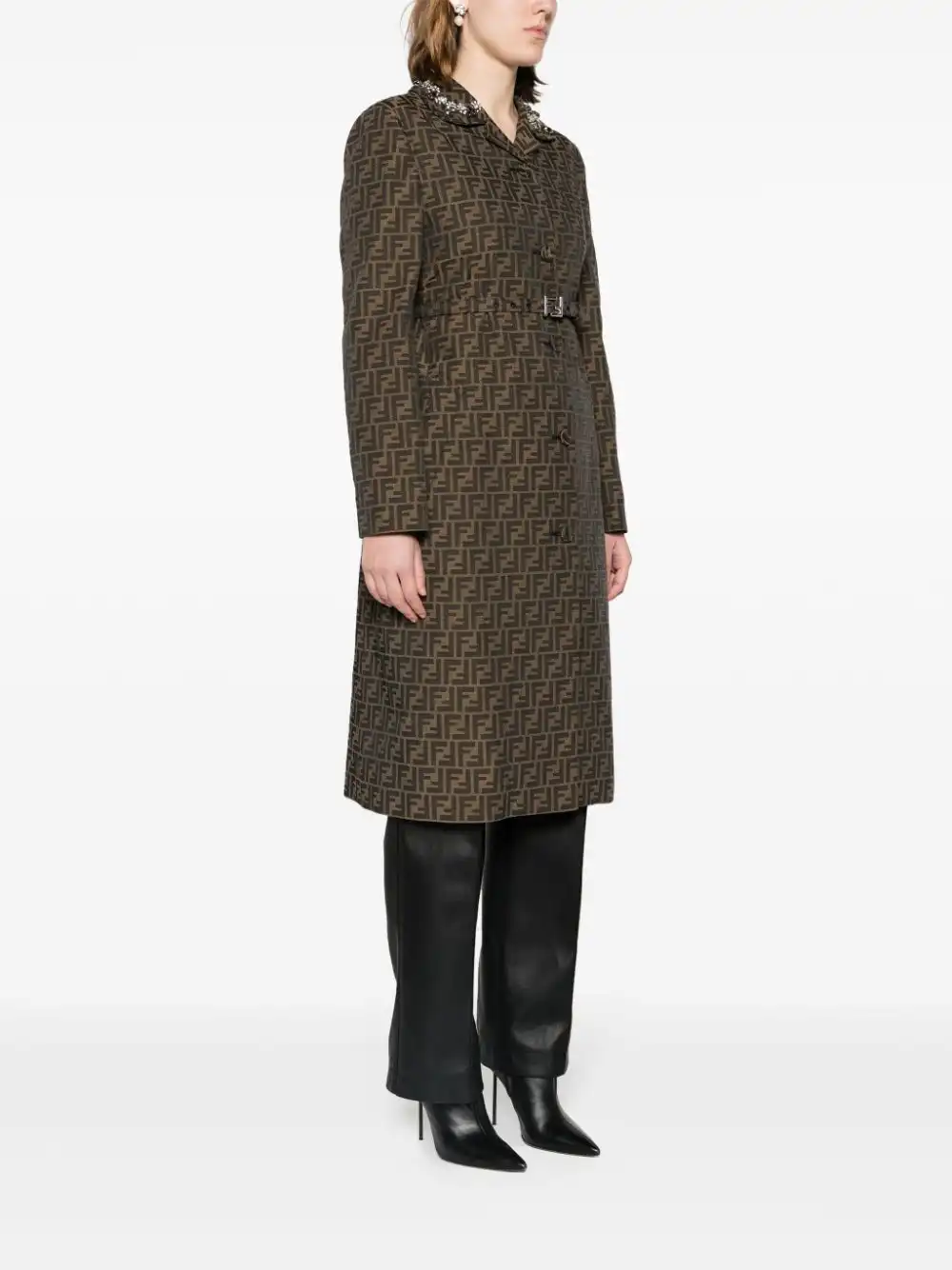 Cheap FENDI FF-patterned crystal-embellished long coat