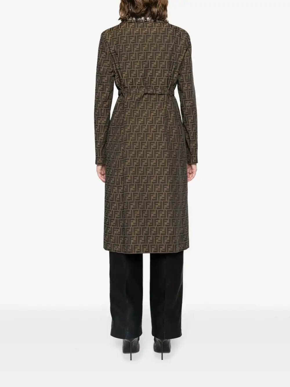 Cheap FENDI FF-patterned crystal-embellished long coat