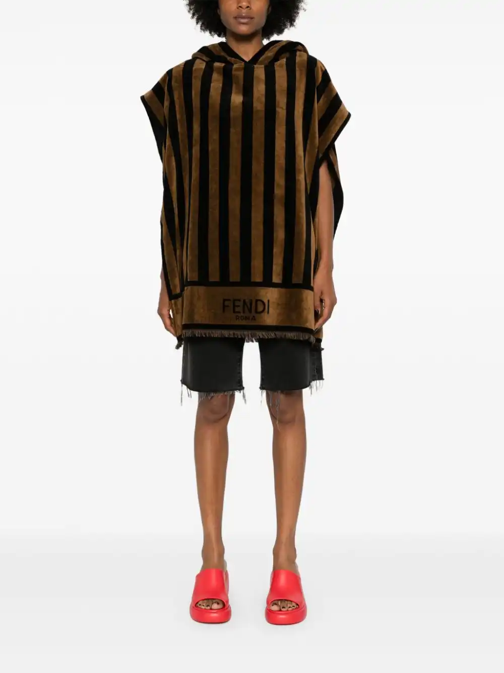 Affordable FENDI Pequin-stripe frayed poncho