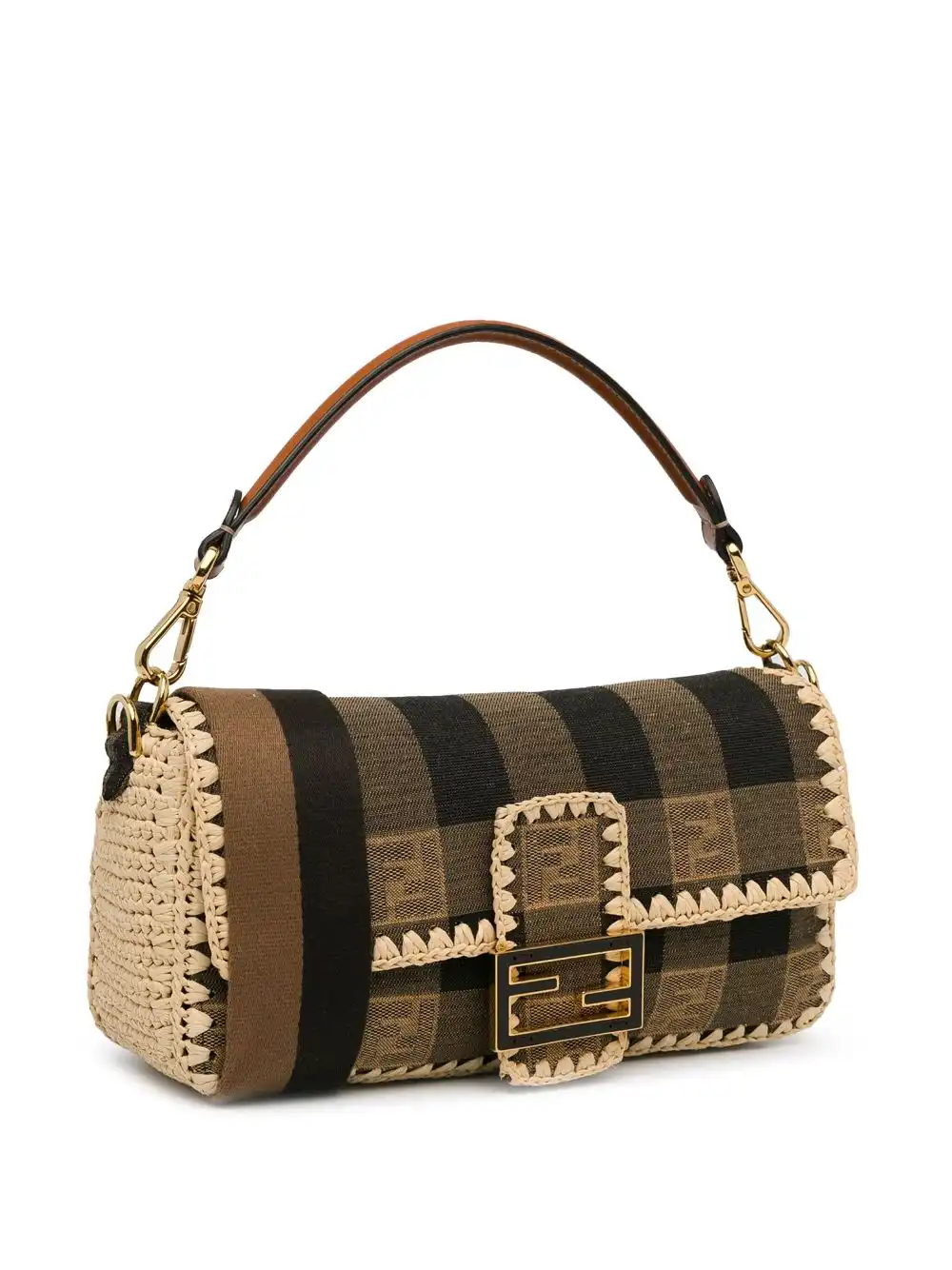 Affordable Fendi 2018-2023 Pequin Gingham Canvas And Raffia Baguette satchel