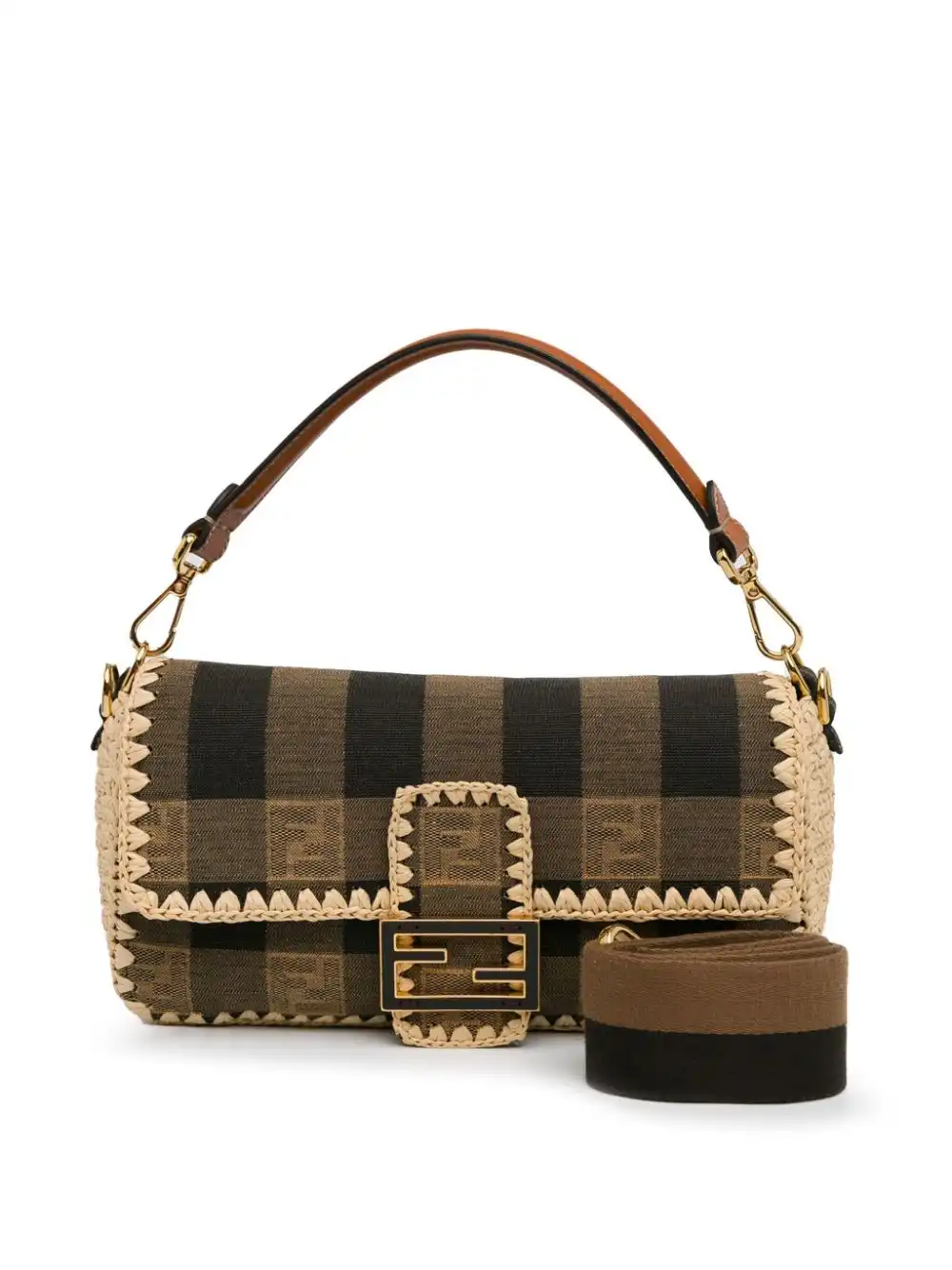 Affordable Fendi 2018-2023 Pequin Gingham Canvas And Raffia Baguette satchel