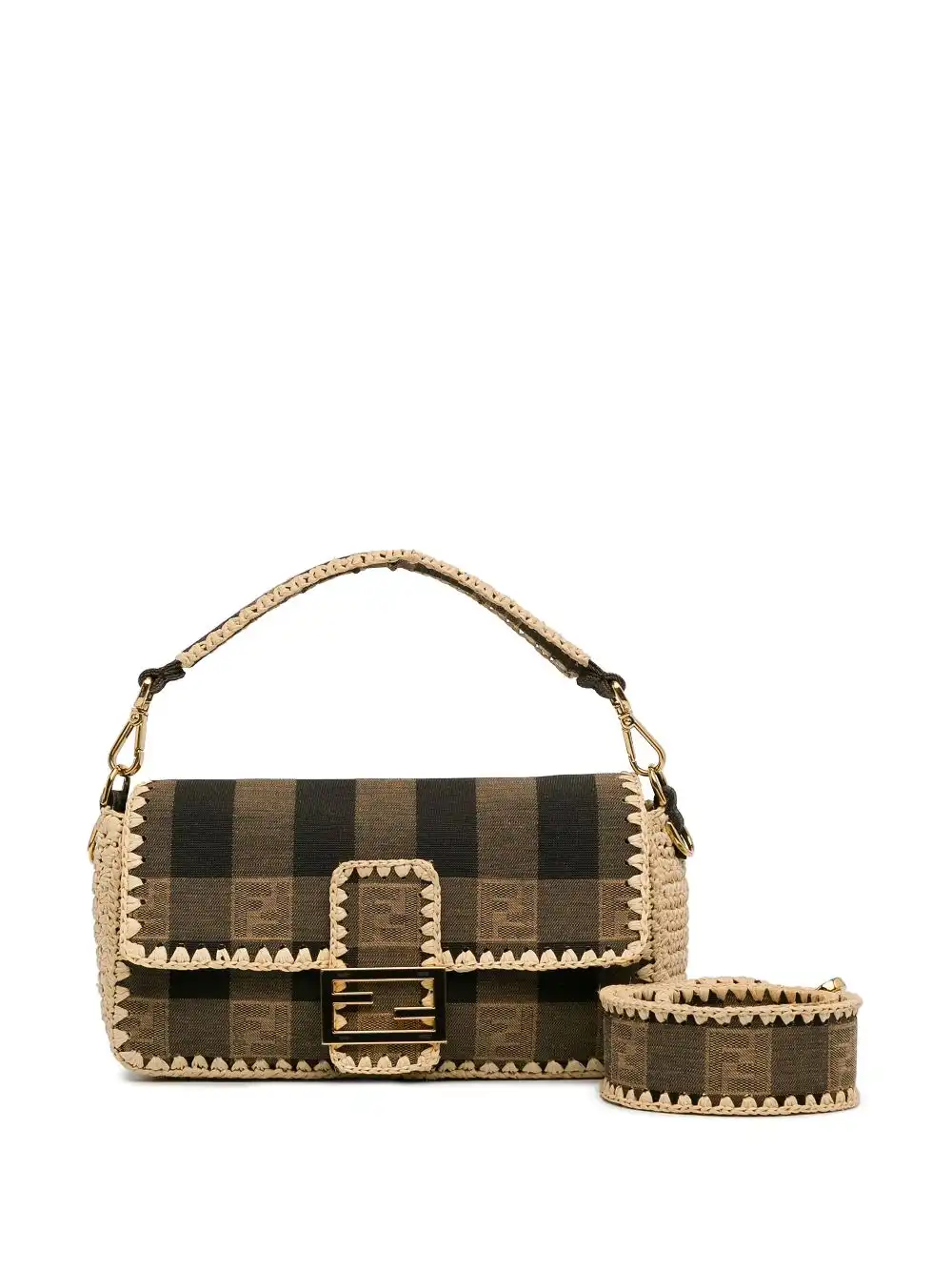 Affordable Fendi 2018-2023 Pequin Canvas and Raffia Mamma Baguette satchel