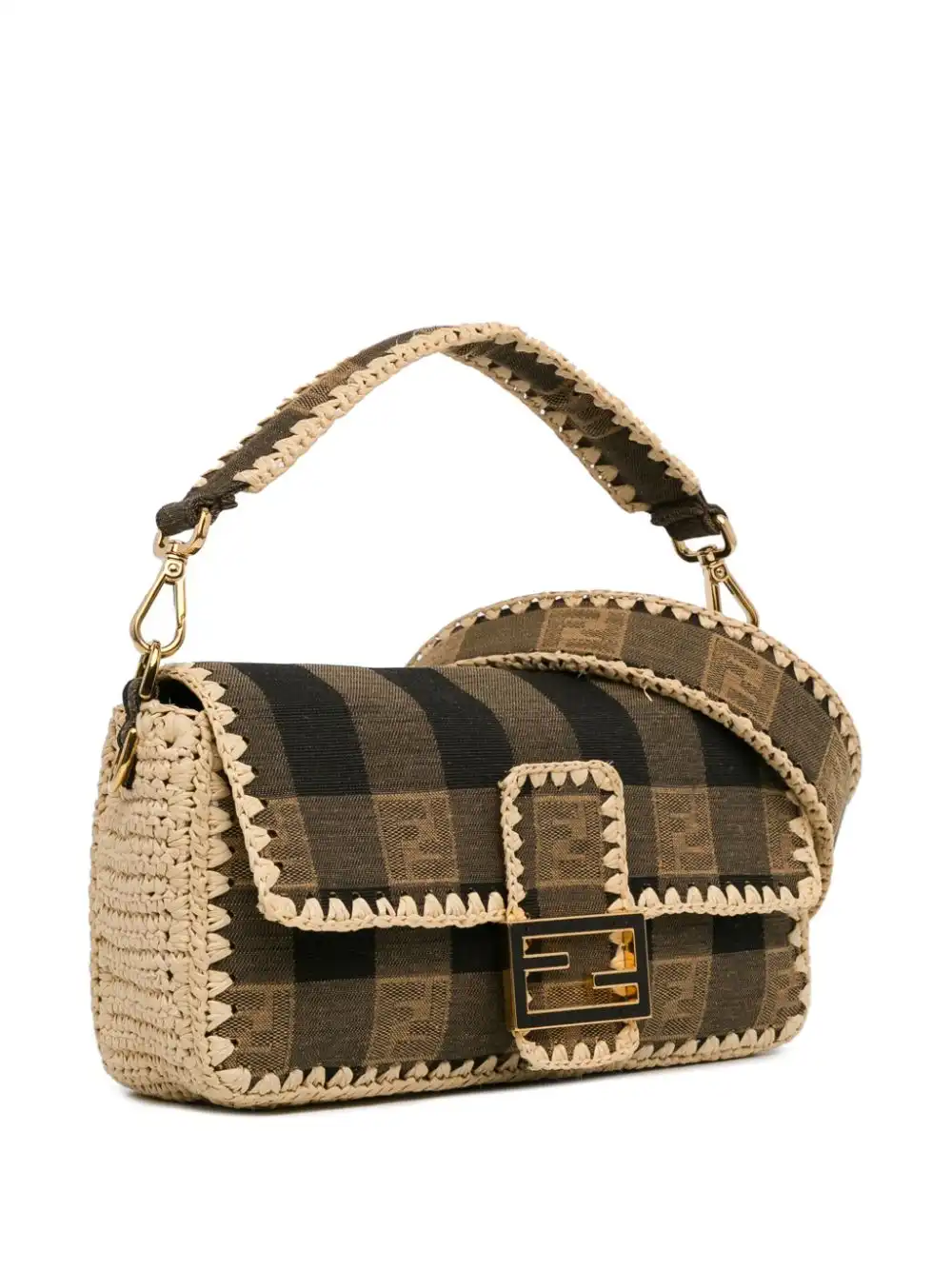 Affordable Fendi 2018-2023 Pequin Canvas and Raffia Mamma Baguette satchel