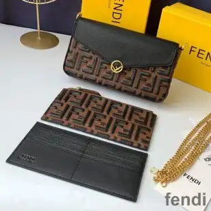 F is Fendi Chain Pouch In FF Motif Nappa Leather Brown Black