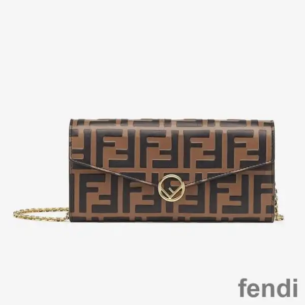 Cheap F is Fendi Chain Wallet In FF Motif Calf Leather Brown