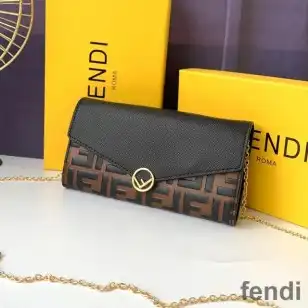 F is Fendi Chain Wallet In FF Motif Calf Leather Brown Black