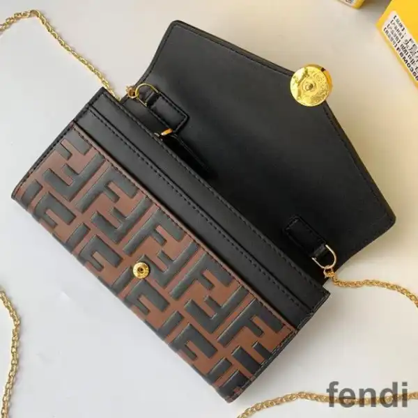 Affordable F is Fendi Chain Wallet In FF Motif Calf Leather Brown Black