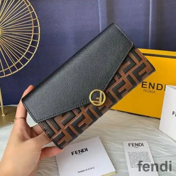 Cheap F is Fendi Continental Wallet In FF Motif Calf Leather Brown Black