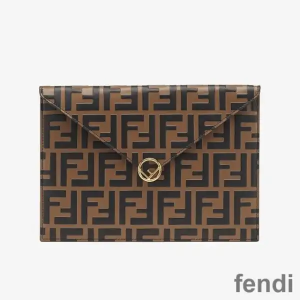 Cheap F is Fendi Large Slim Pouch In FF Motif Calf Leather Brown