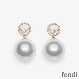 F is Fendi Pearls Pendant Earrings In Crystal Metal Gold