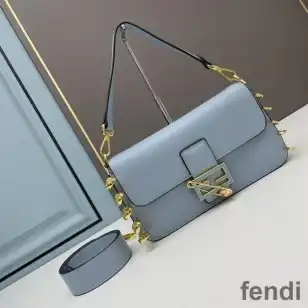 Fendi Baguette Bag In Calf Leather with Fendace Pin Brooches Sky Blue