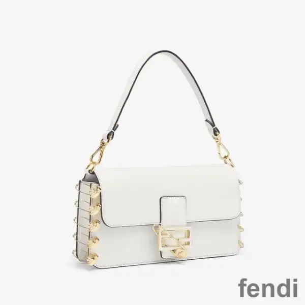 Affordable Fendi Baguette Bag In Calf Leather with Fendace Pin Brooches White