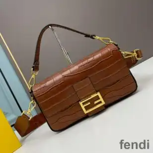 Fendi Baguette Bag In Crocodile Leather Brown