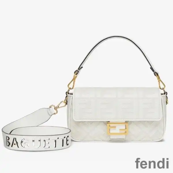 Affordable Fendi Baguette Bag with Laser Cut Strap In FF Motif Canvas White