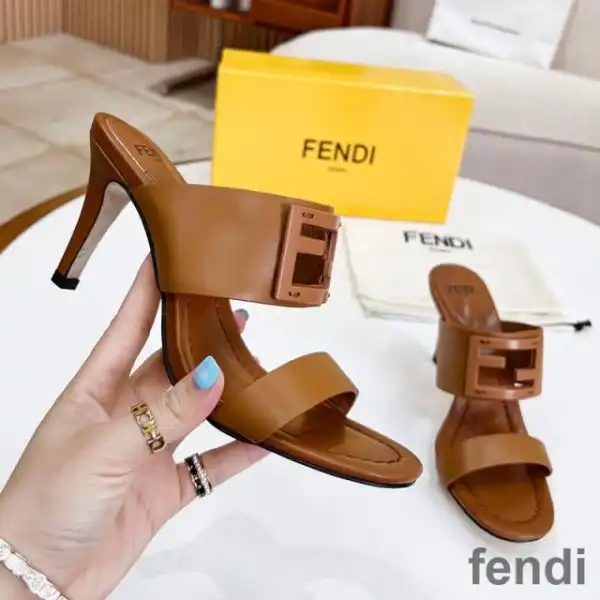 Cheap Fendi Baguette Heeled Slides Women Leather Brown