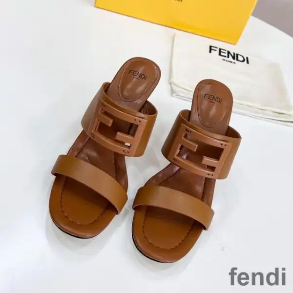 Cheap Fendi Baguette Heeled Slides Women Leather Brown