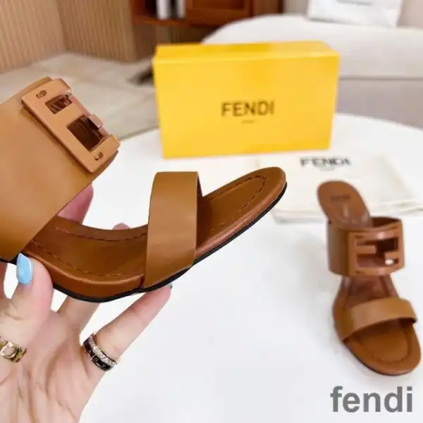 Cheap Fendi Baguette Heeled Slides Women Leather Brown