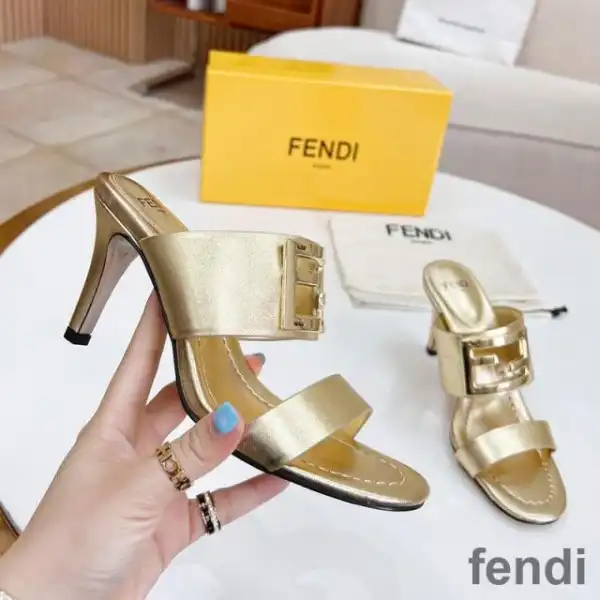 Affordable Fendi Baguette Heeled Slides Women Leather Gold