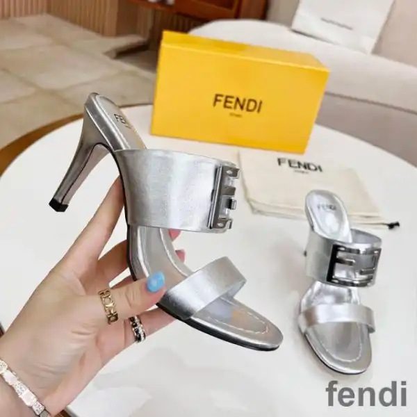 Cheap Fendi Baguette Heeled Slides Women Leather Silver