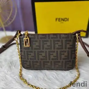 Fendi Baguette Pouch with Chain In FF Motif Fabric Brown Burgundy