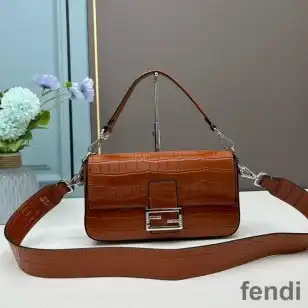 Fendi Baguette Re-Edition Bag In Crocodile Leather Brown