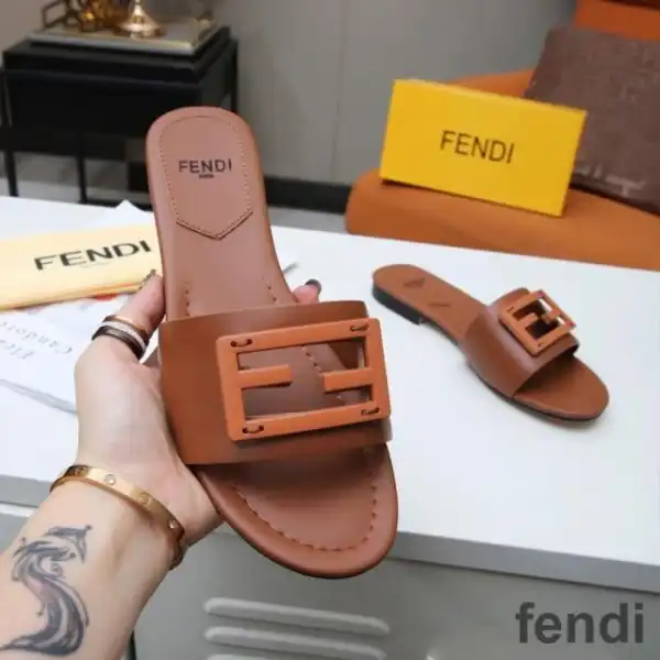 Cheap Fendi Baguette Slides Women Leather Brown