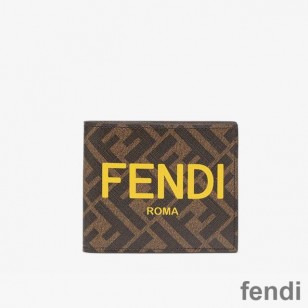 Fendi Bi-fold Wallet In ROMA Logo FF Motif Fabric Brown