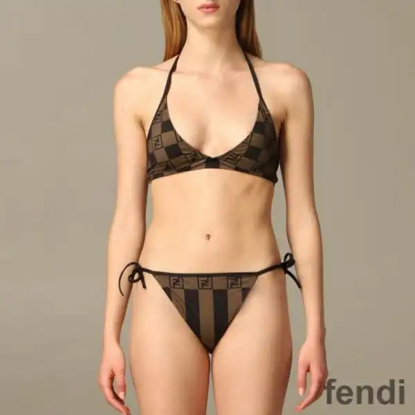 Cheap Fendi Bikini with Ties Women Vichy Pequin Motif Lycra Brown