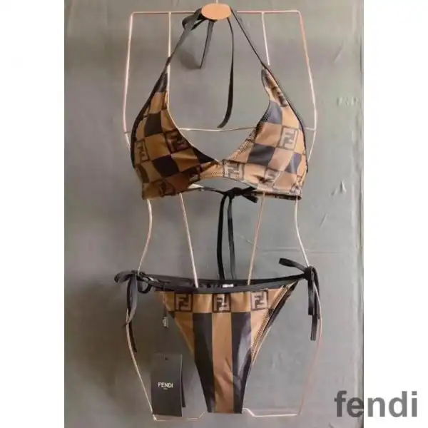 Cheap Fendi Bikini with Ties Women Vichy Pequin Motif Lycra Brown