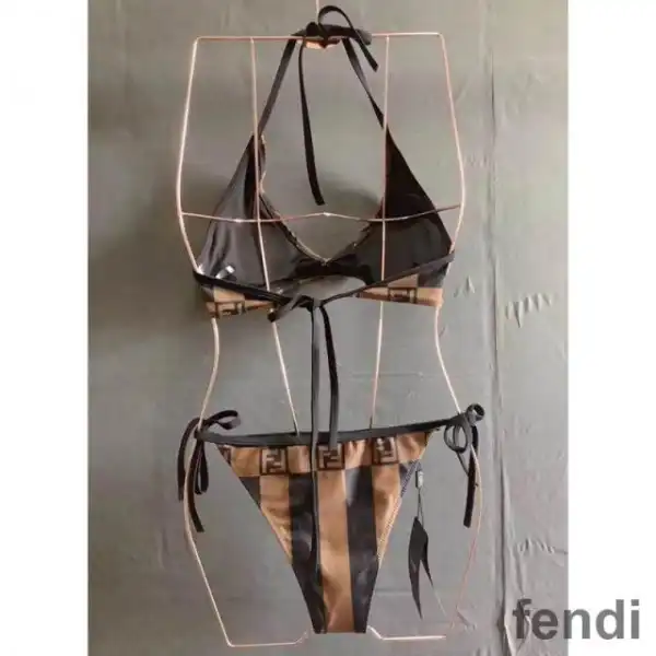 Cheap Fendi Bikini with Ties Women Vichy Pequin Motif Lycra Brown