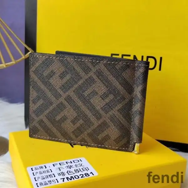 Cheap Fendi Bill Clip In FF Motif Fabric Brown Coffee