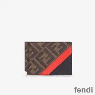 Fendi Bill Clip In FF Motif Fabric Brown Red