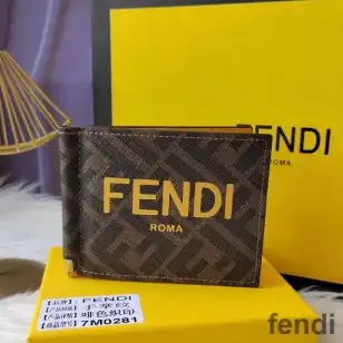 Fendi Bill Clip In ROMA Logo FF Motif Fabric Brown