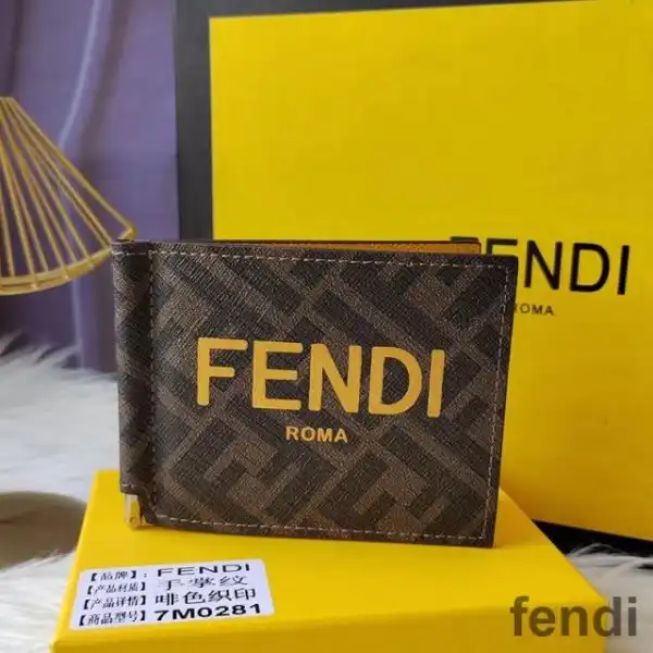 Affordable Fendi Bill Clip In ROMA Logo FF Motif Fabric Brown