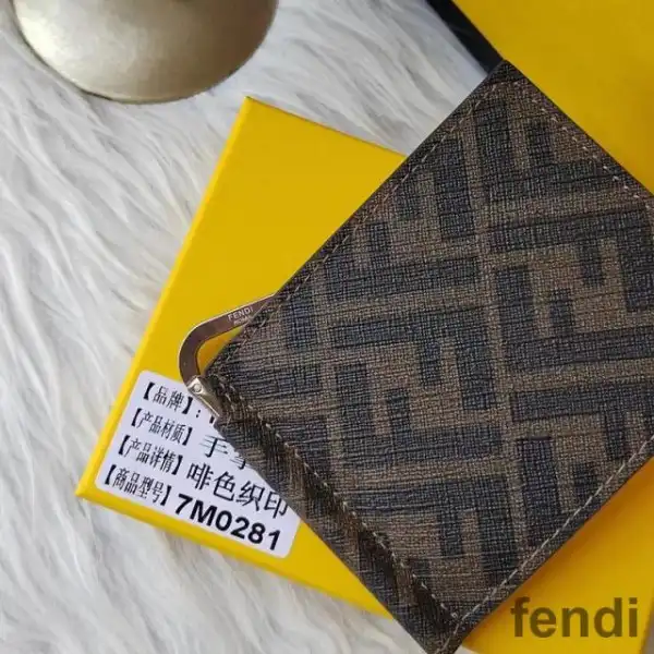 Affordable Fendi Bill Clip In ROMA Logo FF Motif Fabric Brown