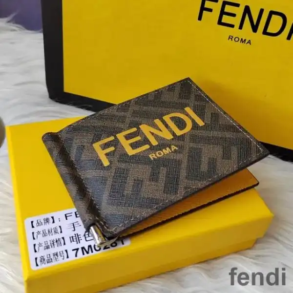 Affordable Fendi Bill Clip In ROMA Logo FF Motif Fabric Brown