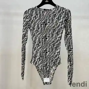 Affordable Fendi Bodysuit Women FF Fish-Eye Motif Tulle Black White