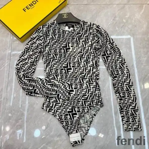 Affordable Fendi Bodysuit Women FF Fish-Eye Motif Tulle Black White